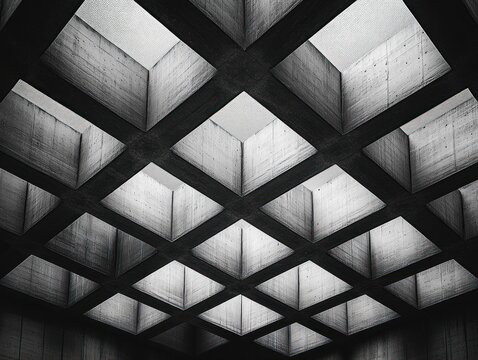 Concrete ceiling with geometric square openings allowing natural light to filter through, highlighting patterns and textures in a modern architectural design - Powered by Adobe
