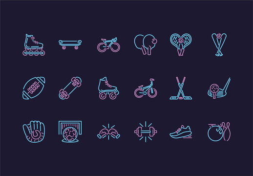 Blue And Pink Neon Sports Equipment Icons Set