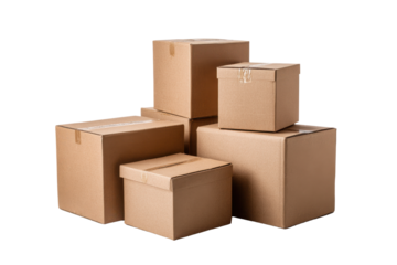Stack of brown cardboard boxes on a black background package, Isolated On Transparent Background, Png