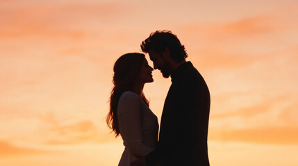 Romantic silhouette of a couple embracing at sunset