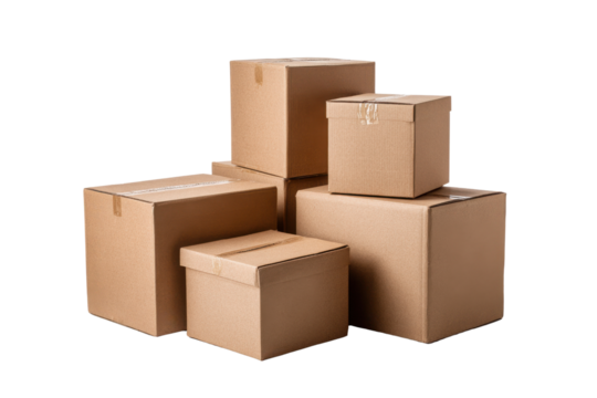Stack of brown cardboard boxes on a black background package, Isolated On Transparent Background, Png