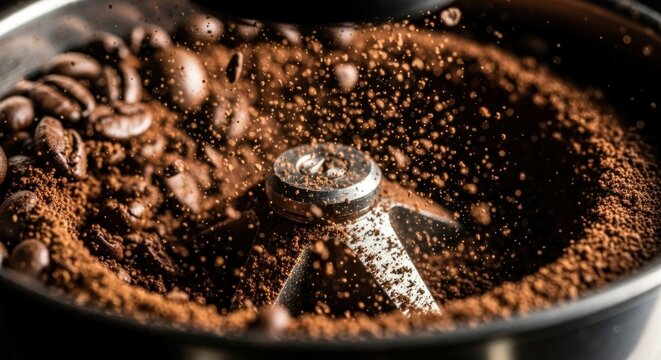 A coffee grinder with coffee beans inside.