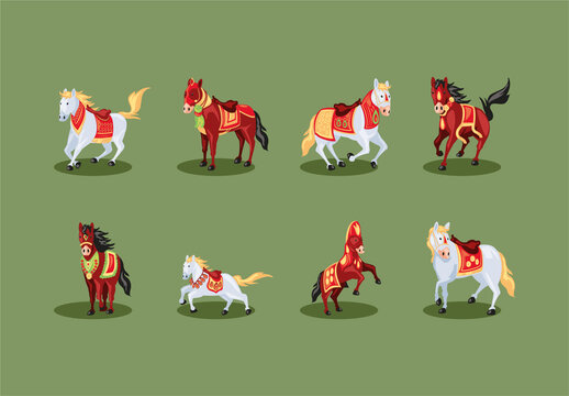 Colorful Hindu Horse Culture Animal Illustrations Set