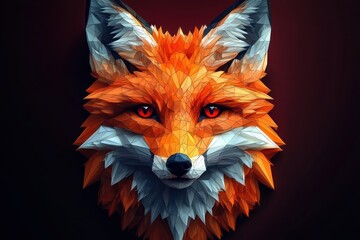 Close-up geometric illustration of a red fox head with sharp, angular facets and intense red eyes against a dark background