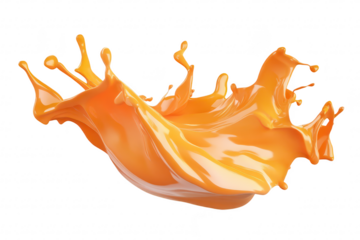 A dynamic splash of orange liquid captured mid-air against a clean white background. the fluid motion and texture. ideal for creative projects or advertising