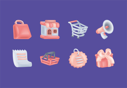 Pink And Gray Shopping 3D Store Ecommerce Icons Set