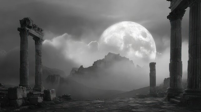 Ruined columns stand under a massive, luminous moon in a dark, cloudy, mountain landscape