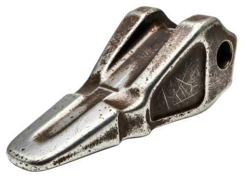 Heavy metal excavator bucket tooth with scratched texture on a transparent background