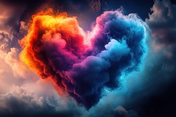 A vibrant heart-shaped cloud made of swirling smoke in fiery orange, pink, purple, and cool blue tones floating against a dramatic cloudy sky, evoking passion and calm