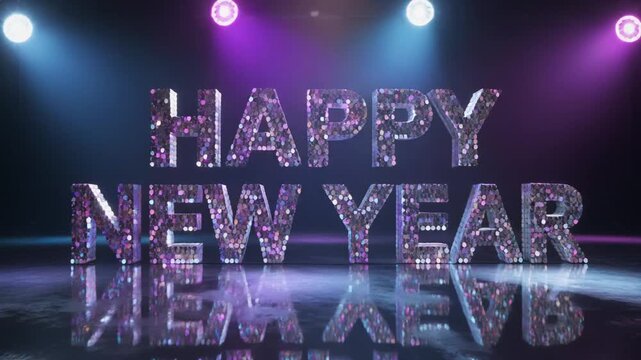Festive Happy New Year Message with Sparkling Sequins and Party Lights
