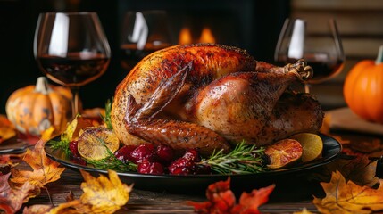 Delicious roasted turkey with festive autumn decorations and wine