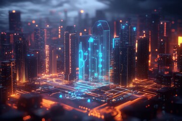 Futuristic cityscape at night illuminated with glowing orange and blue digital circuit patterns highlighting a central high-rise building