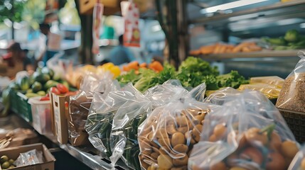 Eco-friendly biodegradable grocery packaging in natural light — a cinematic vision of sustainable consumption and conscious design.
