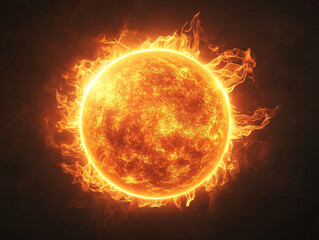 Bright Sun with Fiery Flames and Radiant Corona in Dark Space