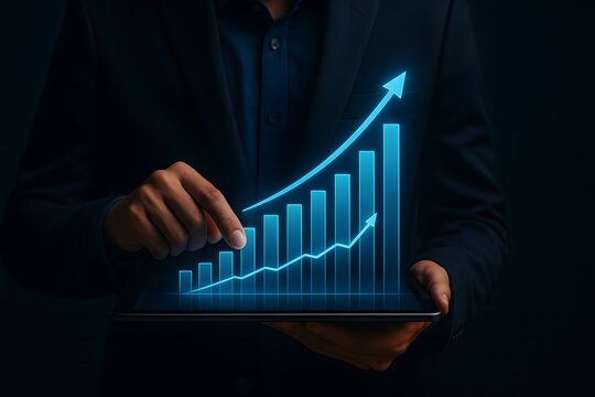 Businessman presenting rising financial bar chart on digital tablet screen