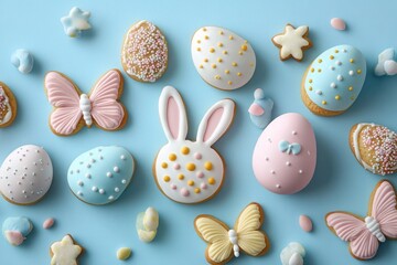 Colorful assortment of decorated Easter-themed cookies and small candies on a blue background featuring eggs, bunny faces, butterflies, and stars with cheerful pastel colors