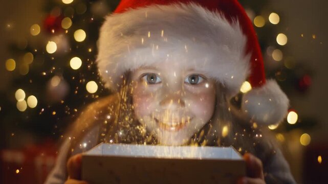 Happy child opens a magical Christmas gift with sparkling light
