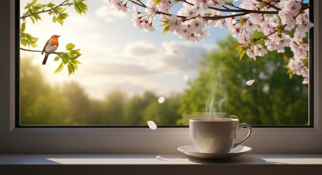 A cup of steaming hot coffee sits on a windowsill with a bird perched on a branch outside.