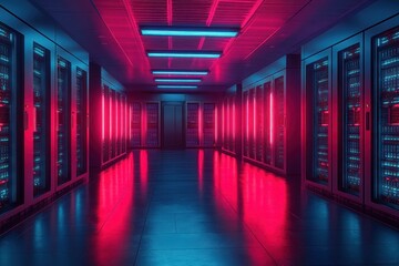Futuristic data center hallway illuminated with vibrant pink and cool blue LED lights reflecting off server racks and glossy floor creating a high-tech ambiance