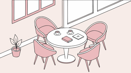 Illustration of a round table surrounded by four pink chairs with coffee and a book in a room