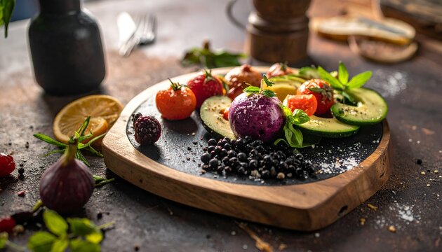 A vibrant food arrangement on a wooden board. Fresh produce, herbs, and spices are present - Powered by Adobe