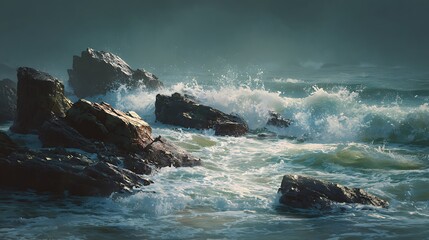 Dramatic ocean waves crashing against rugged rocks under a stormy, overcast sky