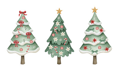 Watercolor Christmas illustration set for kids on white background with decorated Christmas trees, star, candy canes, and ornaments, for background, print, and decoration