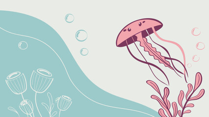 Illustration of a pink jellyfish swimming in the ocean with seaweed and bubbles around it