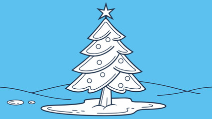 Stylized christmas tree with star and ornaments in a snowy landscape against a blue background