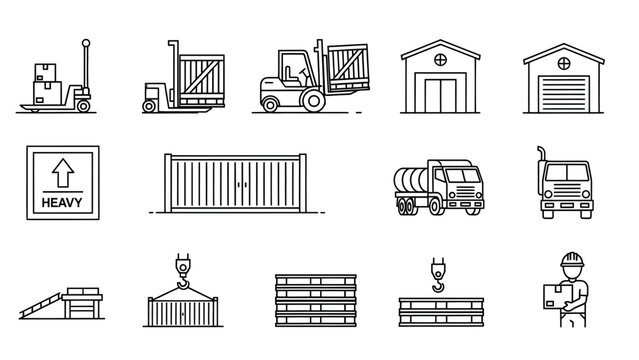 Logistics and shipping icon set depicting forklifts, trucks, shipping containers, and delivery personnel