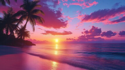 Serene tropical beach at sunset with palm trees silhouetted against vibrant pink and purple sky and calm ocean waves gently reaching the shore