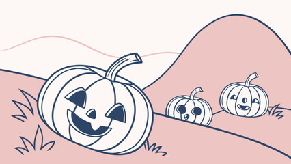 Three cartoon pumpkins with faces on a pink hill landscape in a simple line art style drawing design