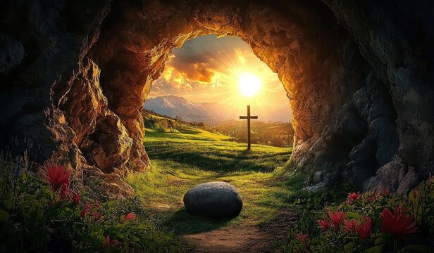 View from inside a rocky cave overlooking a grassy field with a wooden cross and bright sun shining through a partly cloudy sky, surrounded by flowers and mountains in the distance