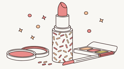 Illustration of lipstick with sprinkles, blush compact, eyeshadow palette and sparkles around it