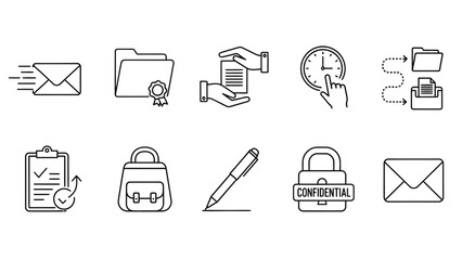 Efficient Business Operations and Secure Document Management Line Icon Collection for Modern Workflow Automation, Communication, and Task Handling