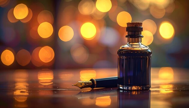 A vintage ink bottle with a quill pen sits on a wooden surface, blurred warm lights background - Powered by Adobe