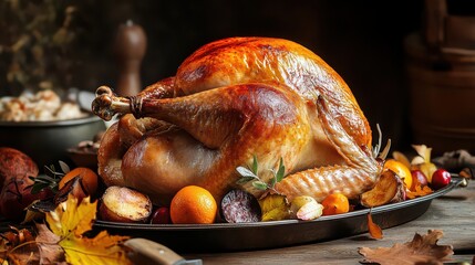 Whole roasted turkey on a festive platter with autumn decorations
