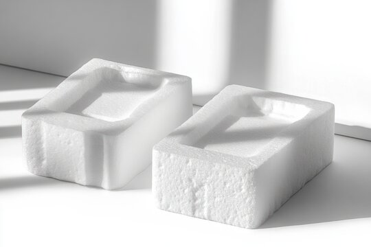 Two white rectangular foam packaging inserts placed on a white surface with strong shadows and highlights