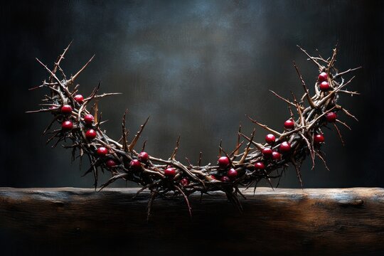Curved crown of thick dry thorny branches decorated with bright red berries placed on a dark wooden surface against a moody textured dark background