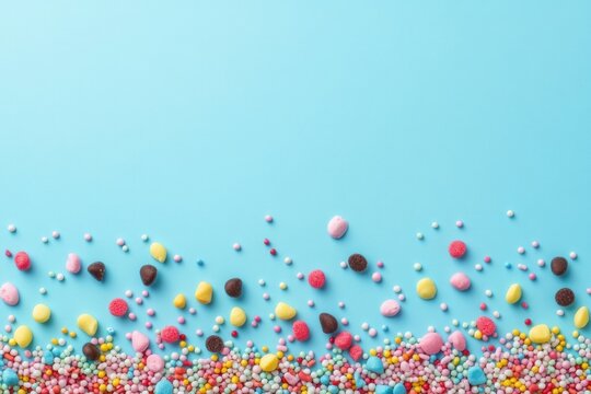 Colorful assortment of small candy sprinkles and larger sugar decorations scattered on a bright blue surface creating a festive and playful atmosphere