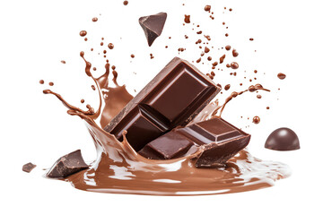 A dynamic splash of rich dark chocolate with broken chocolate bars and chunks. creating an enticing scene that highlights the indulgent nature of desserts. perfect for culinary promotions
