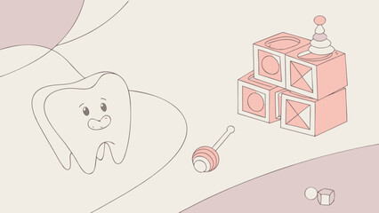 Illustration of a tooth character with toys including blocks and a rattle on a light background
