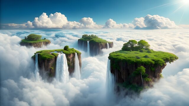 Serene Floating Islands with Cascading Waterfalls in a Cloudy Sky