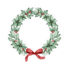 Watercolor Christmas wreath frame for kids on white background with holly, mistletoe, red berries, and bow, for greeting cards, invitations, and holiday decoration