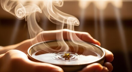 Hands holding a steaming bowl of tea in sunlight.