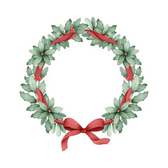 Watercolor Christmas wreath frame for kids on white background with holly, mistletoe, ribbons, and bow, for greeting cards, invitations, and holiday decoration