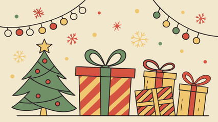 Christmas scene with a decorated tree presents and a string of lights for holiday celebration