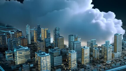 Futuristic cityscape at night with glowing skyscrapers and digital network elements under dramatic clouds - Powered by Adobe