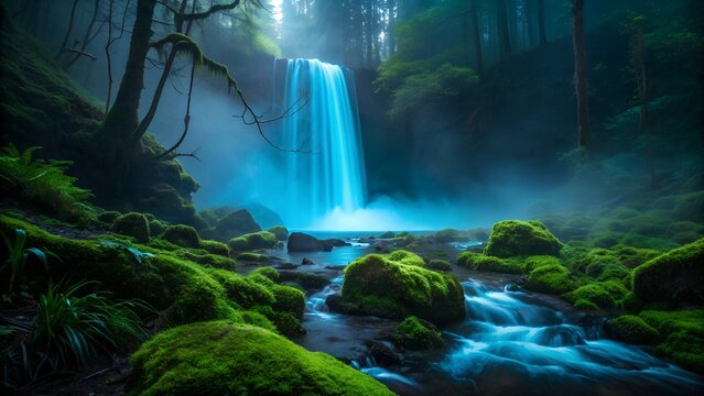 Luminous Blue Waterfall in a Mystical Forest Oasis