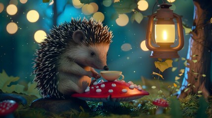 3D adorable cartoon hedgehog curled up with a tin hat